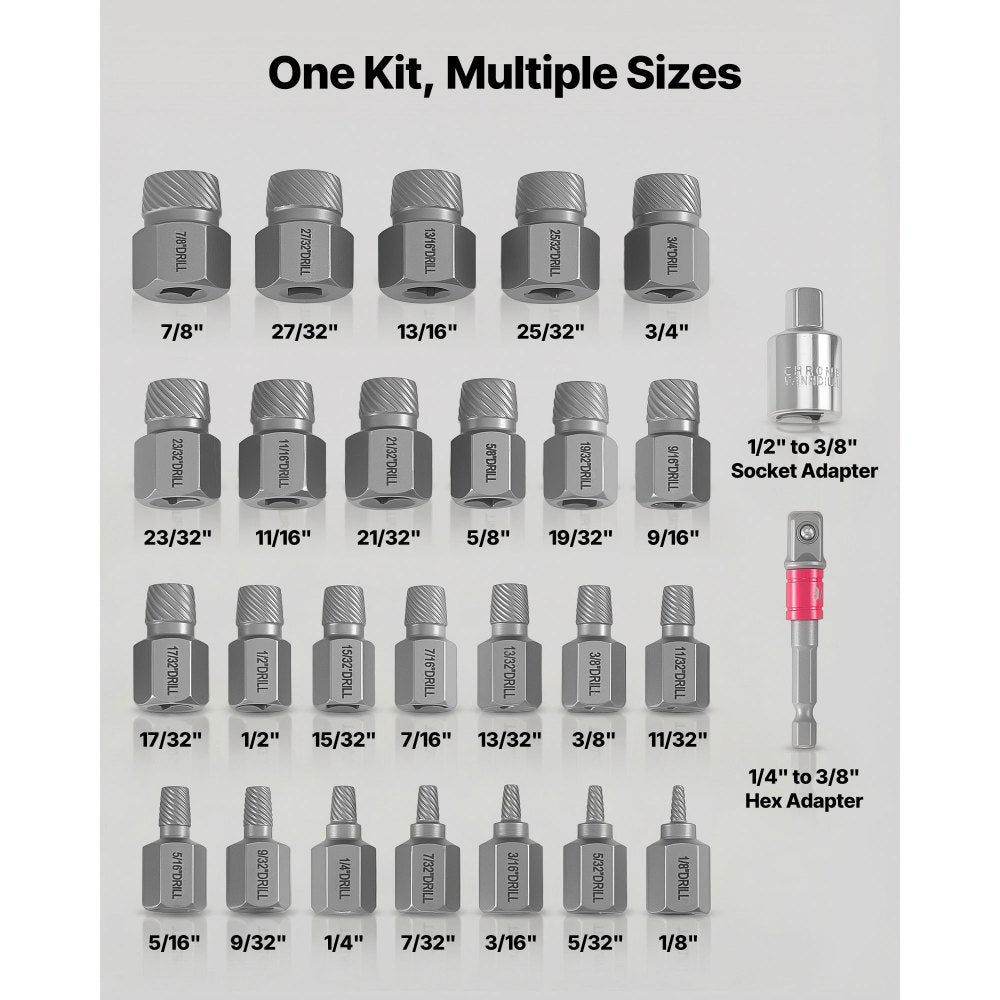 VEVOR Screw Extractor Set, 27 Pieces Hex Head Multi-Spline Easy Out Bolt Extractor Tool, with Adapters, Solid Storage