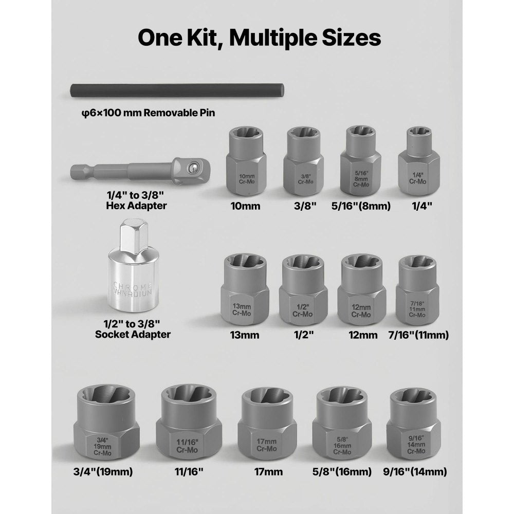 VEVOR Bolt Extractor Kit, 16 Pieces Impact Bolt & Nut Remover Set with Adapters and Pin Punch, Solid Storage Case