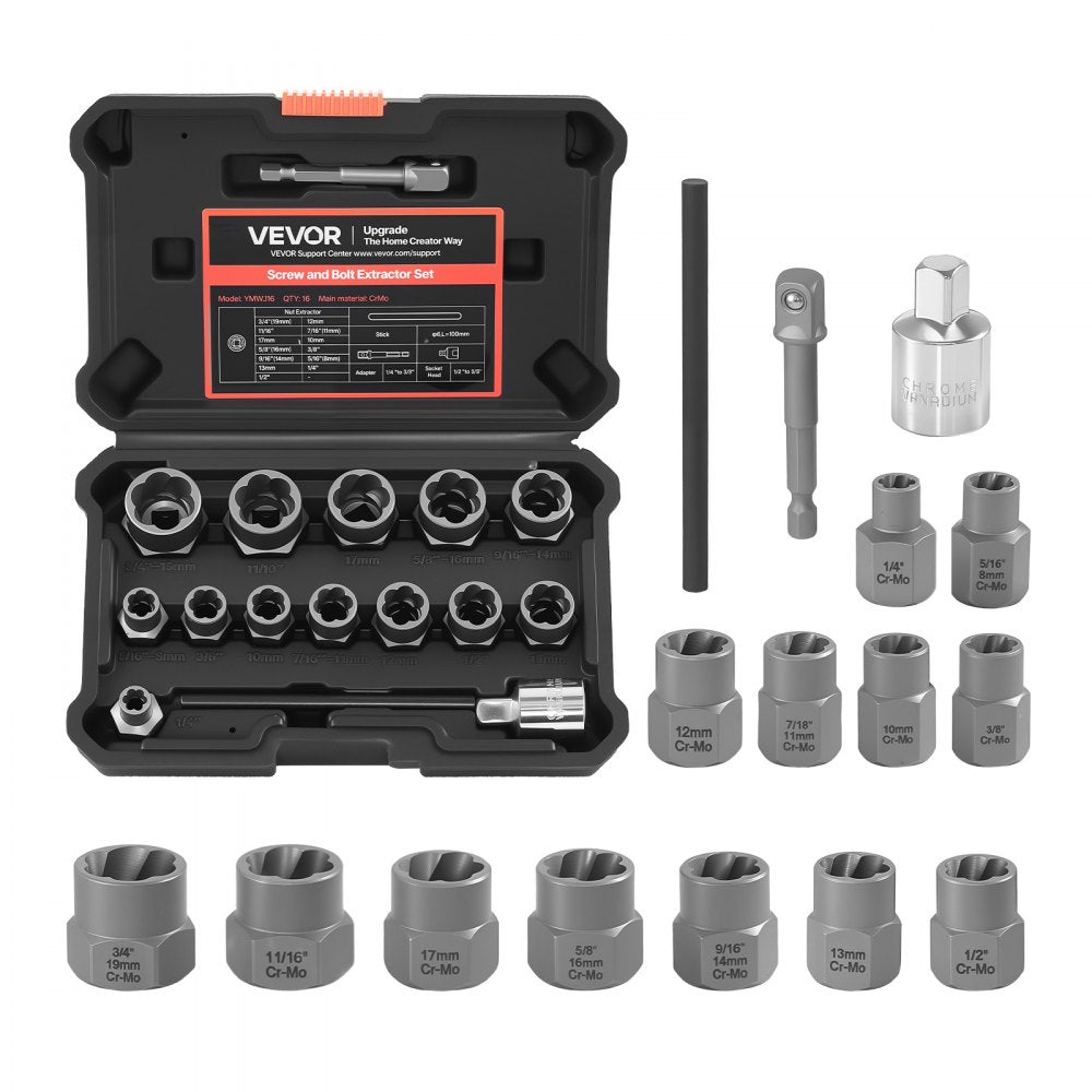 VEVOR Bolt Extractor Kit, 16 Pieces Impact Bolt & Nut Remover Set with Adapters and Pin Punch, Solid Storage Case