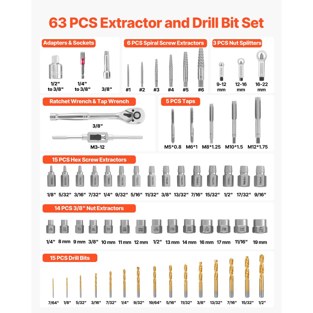 VEVOR Screw Extractor Set, 63 Pieces, with Nut and Bolt Extractors, Nut Splitters, Taps, Drill Bits, Wrenches