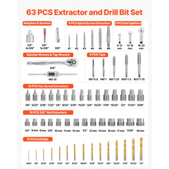 VEVOR Screw Extractor Set, 63 Pieces, with Nut and Bolt Extractors, Nut Splitters, Taps, Drill Bits, Wrenches