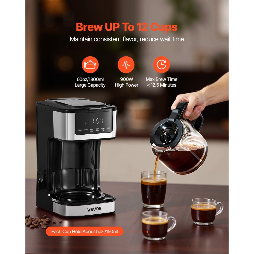 VEVOR Programmable Coffee Maker, 12 Cup Programmable Drip Coffee Makers with Touch Screen, 4-Hour Keep Warm Coffee