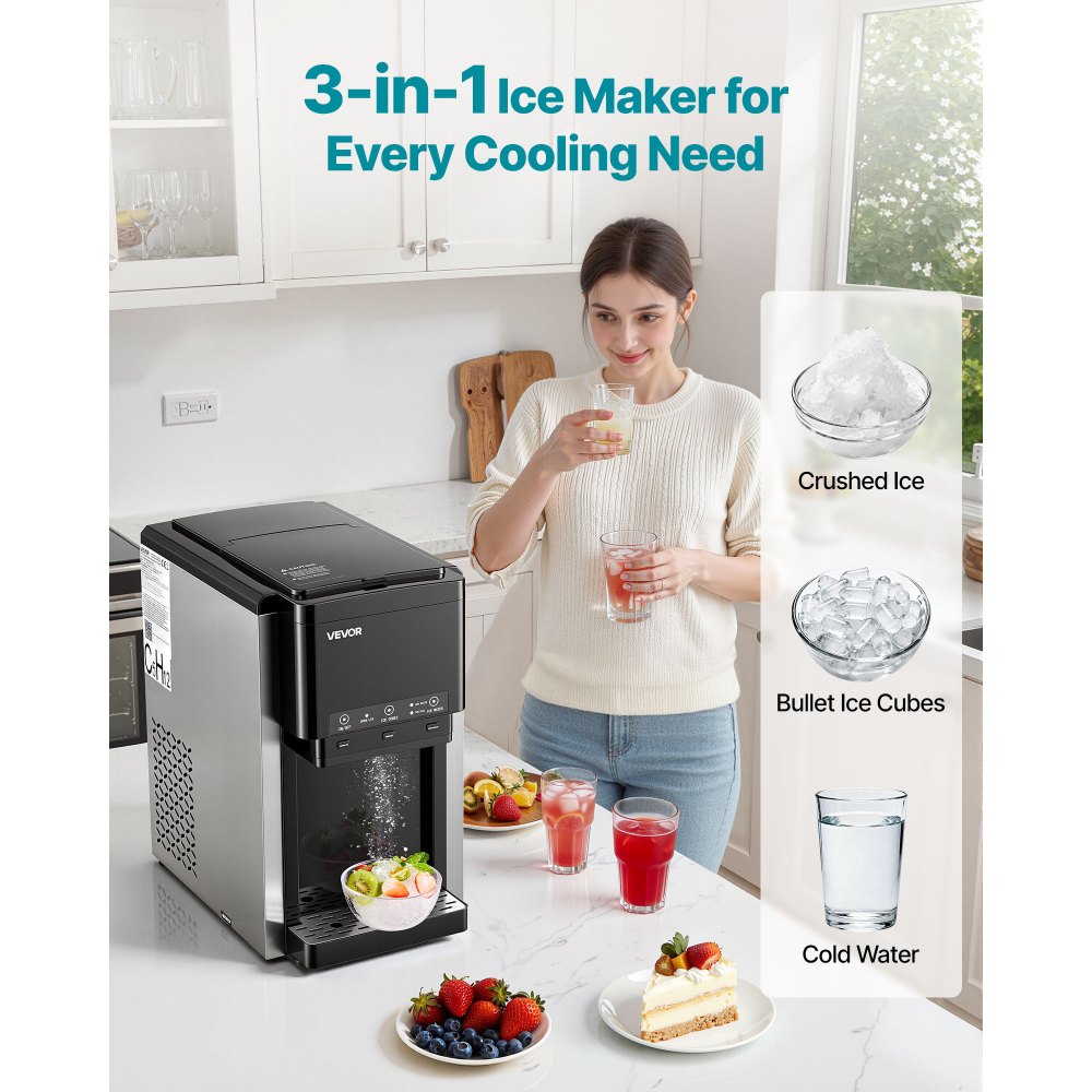 VEVOR Water Dispenser with Ice Maker, 3-in-1 Countertop Water Dispenser, 35 LBS/24H, 12 Cubes/7 Min Fast Ice Making