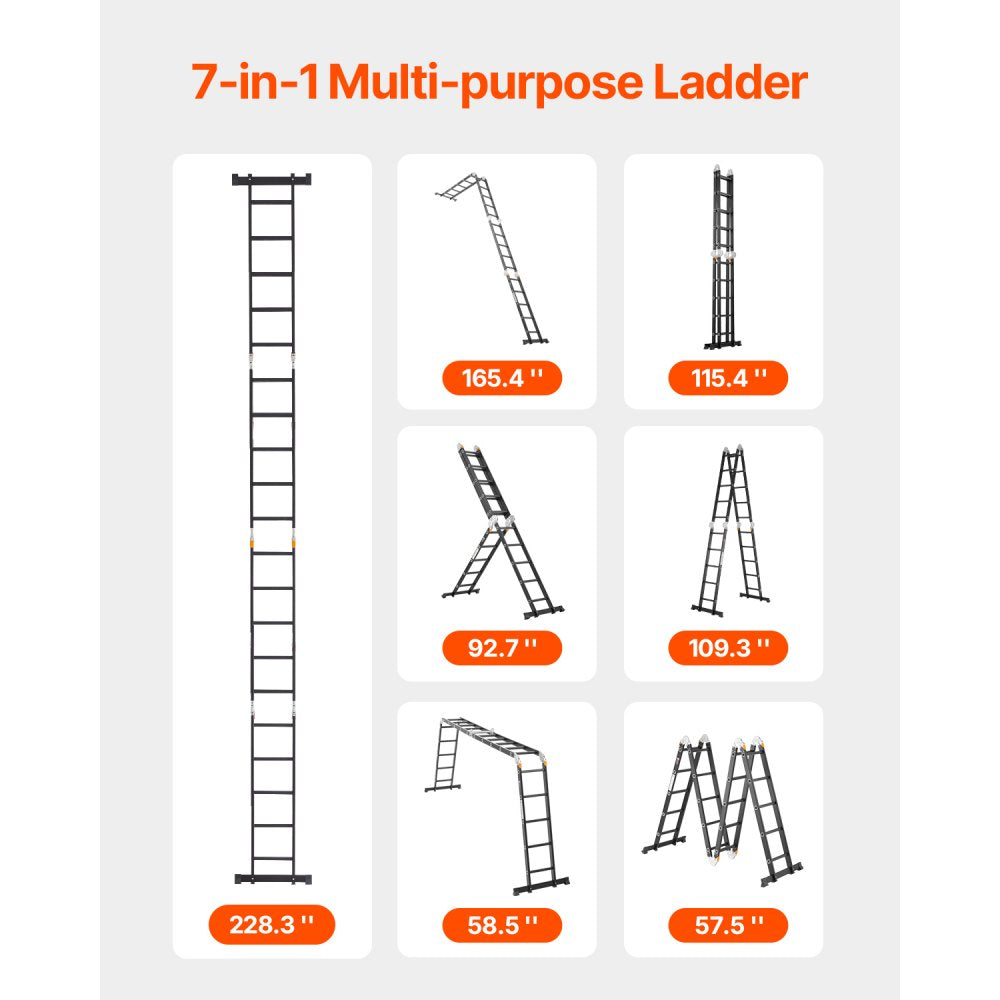 VEVOR Multi-Purpose Folding Ladder, 7-in-1 Tall Extension Step Ladder, A Frame 5 Step Telescoping Ladder, 19ft Reach