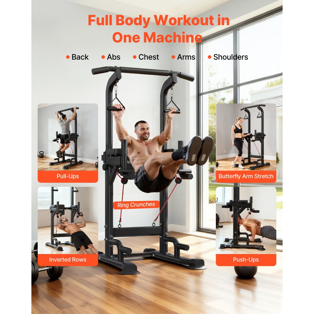 VEVOR Pull Up Bar, 330 LBS Power Tower Dip Station, Workout Dip Station with H-Shaped Stable Base & Back Pad