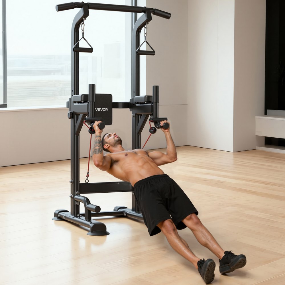 VEVOR Pull Up Bar, 330 LBS Power Tower Dip Station, Workout Dip Station with H-Shaped Stable Base & Back Pad