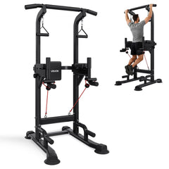 VEVOR Pull Up Bar, 330 LBS Power Tower Dip Station, Workout Dip Station with H-Shaped Stable Base & Back Pad