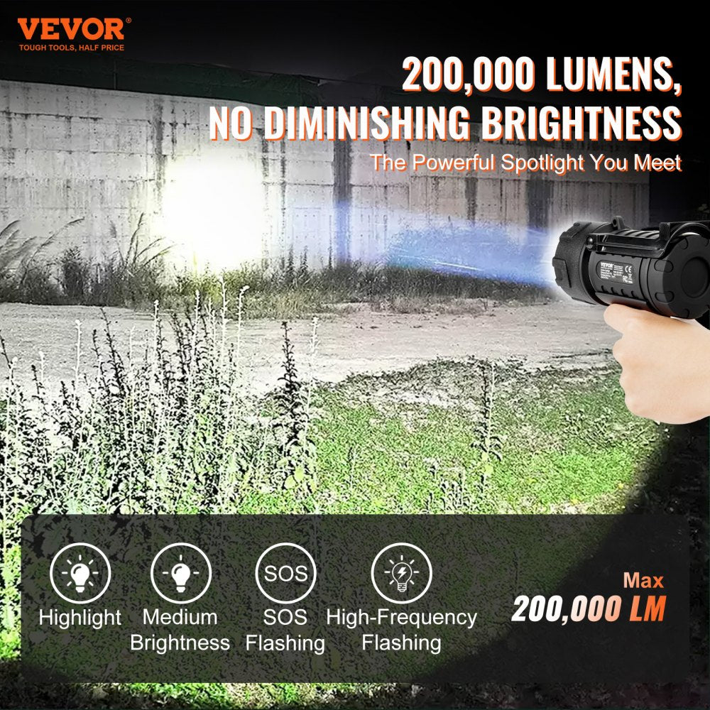 VEVOR Rechargeable Spotlight Flashlight, 200,000 Lumens, IP67 Waterproof Handheld LED Spot Light, Super Bright Portable