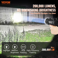 VEVOR Rechargeable Spotlight Flashlight, 200,000 Lumens, IP67 Waterproof Handheld LED Spot Light, Super Bright Portable