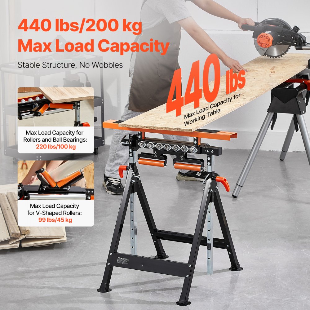 VEVOR 4-in-1 Roller Stand, 440 lb Load Capacity, 33-50 in Adjustable Height, Folding Heavy Duty with Rack & Polished
