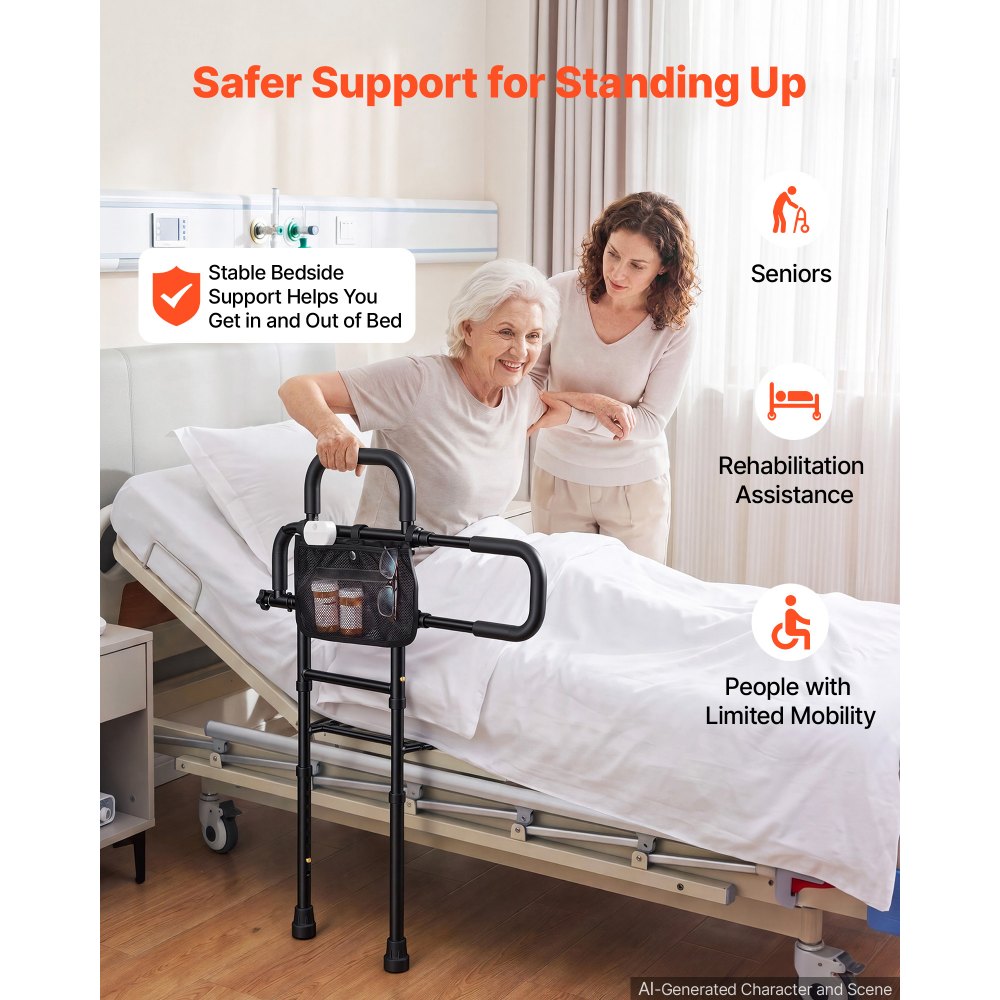 VEVOR Bed Rails for Elderly Adults Bed Side Assist Rail with Floor Support, Motion Sensor LED Light, 300LBS Dual-Handle