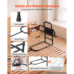 VEVOR Bed Rails for Elderly Adults Bed Side Assist Rail with Floor Support, Motion Sensor LED Light, 300LBS Dual-Handle