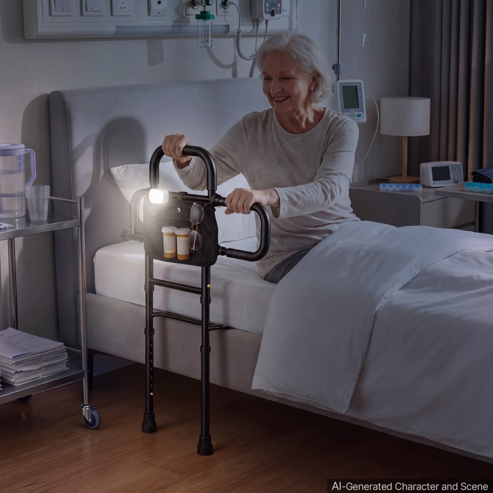 VEVOR Bed Rails for Elderly Adults Bed Side Assist Rail with Floor Support, Motion Sensor LED Light, 300LBS Dual-Handle