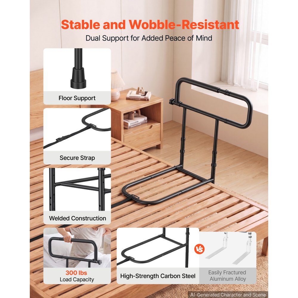 VEVOR Bed Rails for Elderly Adults Folding Bed Side Rail with Floor Support, Length & Height Adjustable, High-Strength