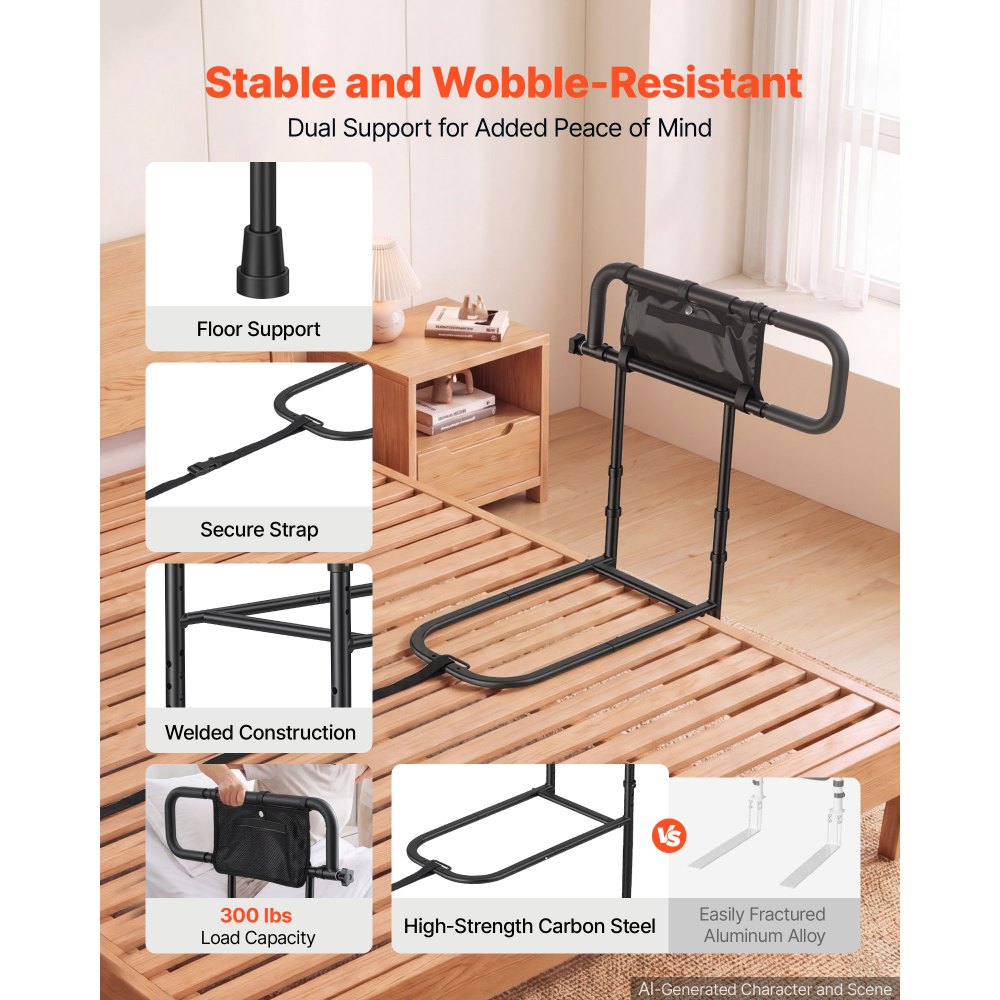 VEVOR Bed Rails for Elderly Adults Folding Bed Side Rail with Floor Support, Length & Height Adjustable, 300LBS Strong