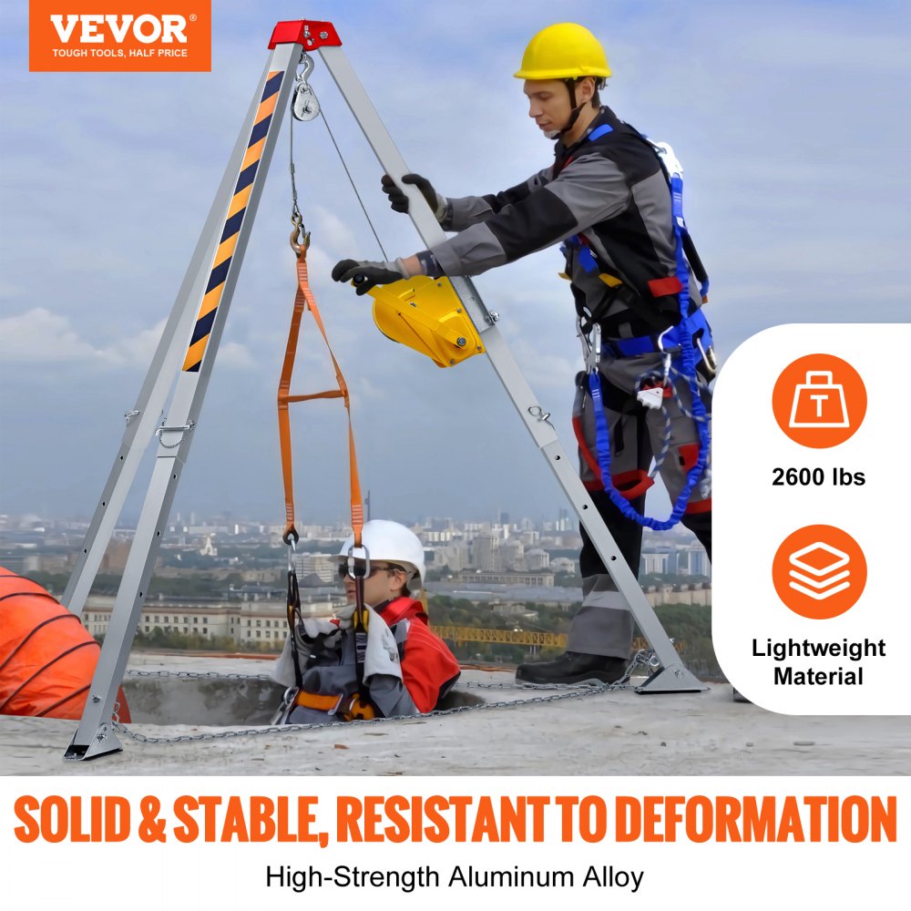 VEVOR 2600 lbs Winch Confined Space Tripod Kit, Confined Space Tripod 8' Legs and 98' Cable, Confined Space Rescue