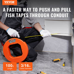 VEVOR Fish Tape, 100 ft, 3/16-inch, Fiberglass Cable Guide with Enhanced Casing and Grip, User-Friendly Wire Routing