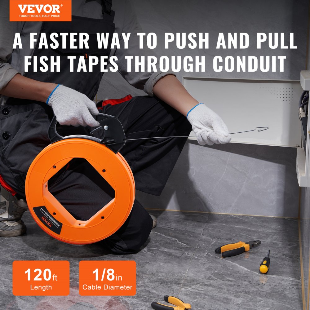 VEVOR Fish Tape, 120-foot, 1/8-inch, Steel Wire Puller with Optimized Housing and Handle, Easy-to-Use Cable Puller