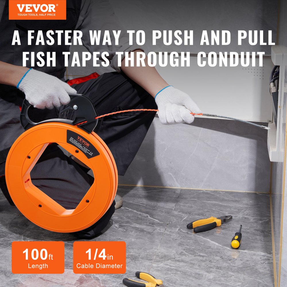 VEVOR Fish Tape, 100-foot, 1/4-inch, PET Wire Puller with Optimized Housing and Handle, Easy-to-Use Cable Puller Tool