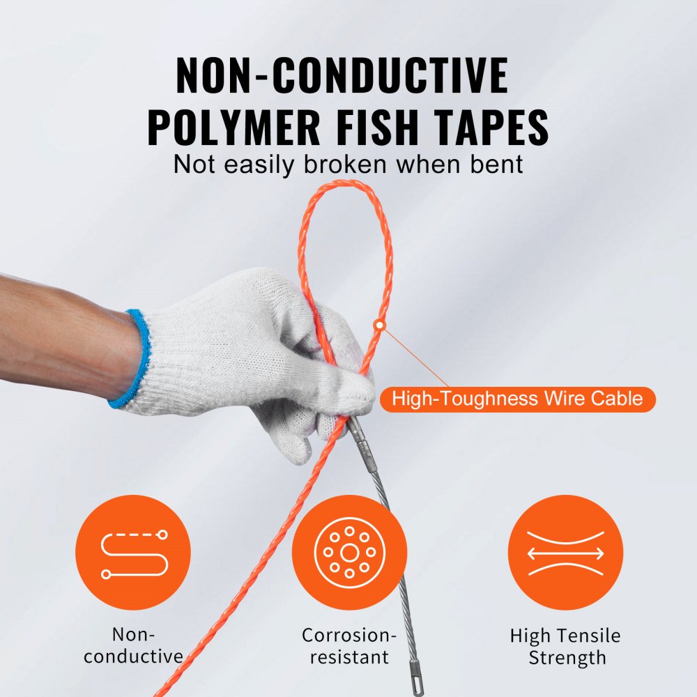 VEVOR Fish Tape, 100-foot, 1/4-inch, PET Wire Puller with Optimized Housing and Handle, Easy-to-Use Cable Puller Tool