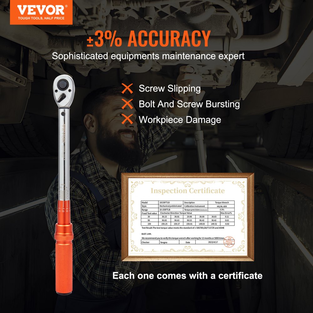 VEVOR Torque Wrench, 10-150ft.lb/14-204n.m 1/2-inch Drive Click Torque Wrench, Dual-Direction Adjustable Torque Wrench