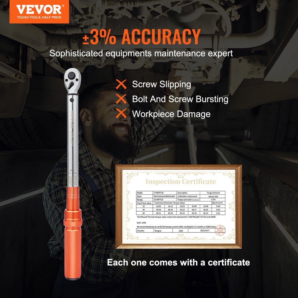 VEVOR Torque Wrench, 3/8-inch Drive Click Torque Wrench 10-80ft.lb/14-110n.m, Dual-Direction Adjustable Torque Wrench