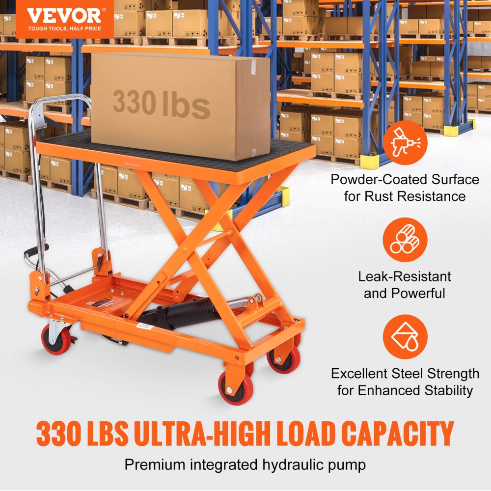 VEVOR Hydraulic Lift Table Cart, 330lbs Capacity 28.5" Lifting Height, Manual Single Scissor Lift Table with 4 Wheels