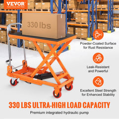 VEVOR Hydraulic Lift Table Cart, 330lbs Capacity 28.5" Lifting Height, Manual Single Scissor Lift Table with 4 Wheels