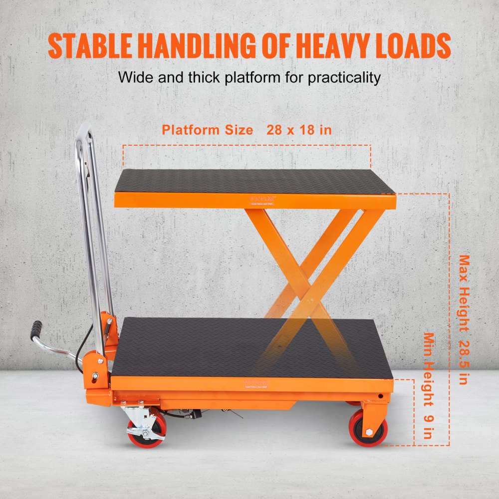 VEVOR Hydraulic Lift Table Cart, 330lbs Capacity 28.5" Lifting Height, Manual Single Scissor Lift Table with 4 Wheels