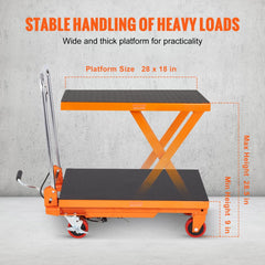 VEVOR Hydraulic Lift Table Cart, 330lbs Capacity 28.5" Lifting Height, Manual Single Scissor Lift Table with 4 Wheels