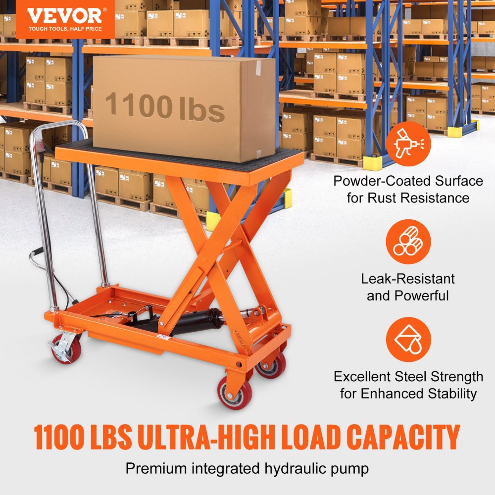 VEVOR Hydraulic Lift Table Cart, 1100lbs Capacity 35.4" Lifting Height, Manual Single Scissor Lift Table with 4 Wheels