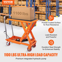 VEVOR Hydraulic Lift Table Cart, 1100lbs Capacity 35.4" Lifting Height, Manual Single Scissor Lift Table with 4 Wheels