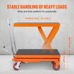 VEVOR Hydraulic Lift Table Cart, 1100lbs Capacity 35.4" Lifting Height, Manual Single Scissor Lift Table with 4 Wheels