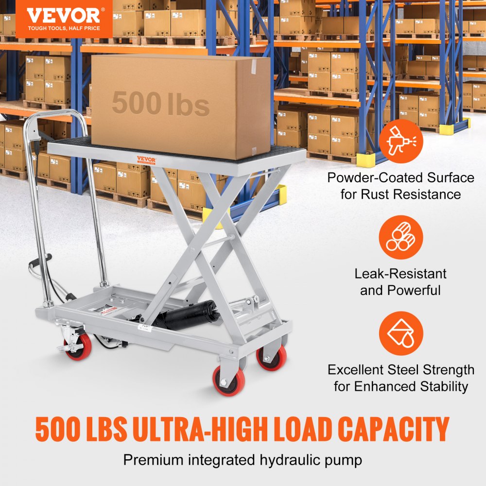 VEVOR Hydraulic Lift Table Cart, 500lbs Capacity 28.5" Lifting Height, Manual Single Scissor Lift Table with 4 Wheels