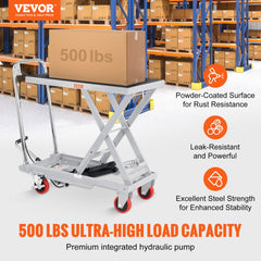 VEVOR Hydraulic Lift Table Cart, 500lbs Capacity 28.5" Lifting Height, Manual Single Scissor Lift Table with 4 Wheels