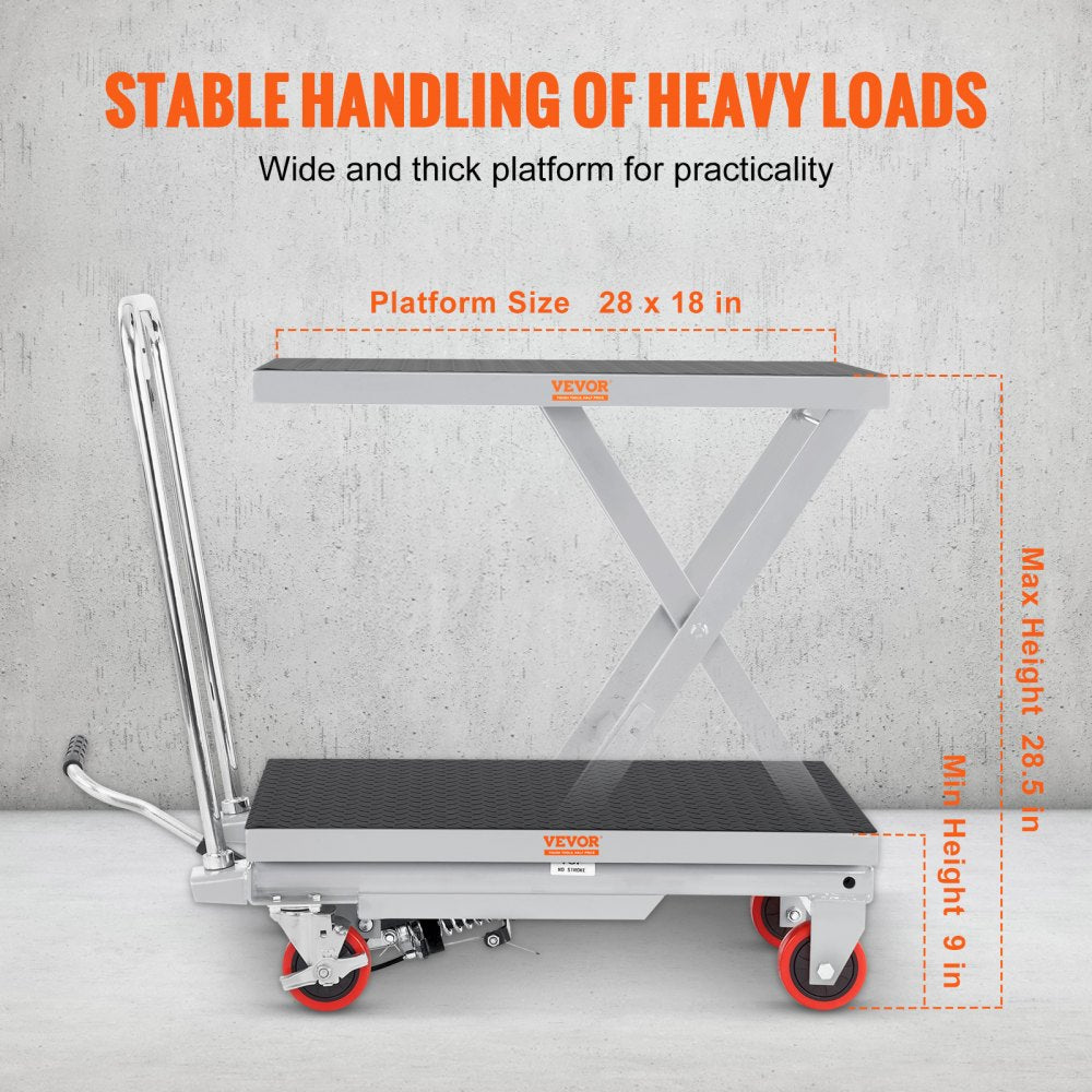 VEVOR Hydraulic Lift Table Cart, 500lbs Capacity 28.5" Lifting Height, Manual Single Scissor Lift Table with 4 Wheels