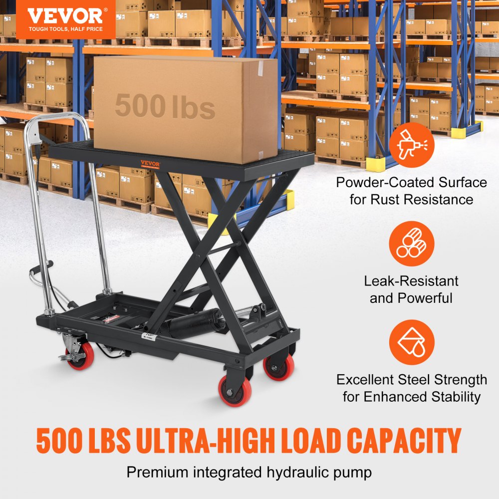 VEVOR Hydraulic Lift Table Cart, 500lbs Capacity 28.5" Lifting Height, Manual Single Scissor Lift Table with 4 Wheels