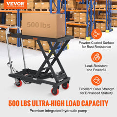 VEVOR Hydraulic Lift Table Cart, 500lbs Capacity 28.5" Lifting Height, Manual Single Scissor Lift Table with 4 Wheels