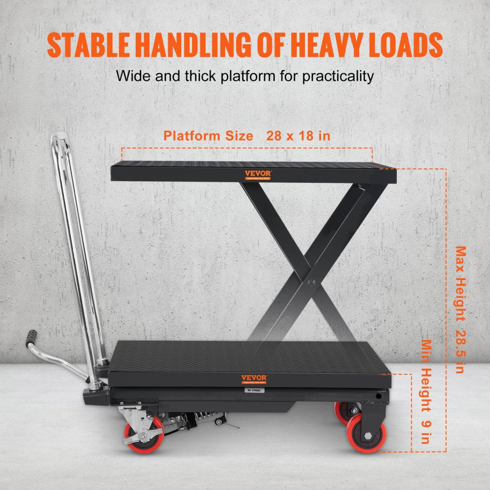 VEVOR Hydraulic Lift Table Cart, 500lbs Capacity 28.5" Lifting Height, Manual Single Scissor Lift Table with 4 Wheels