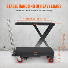 VEVOR Hydraulic Lift Table Cart, 500lbs Capacity 28.5" Lifting Height, Manual Single Scissor Lift Table with 4 Wheels