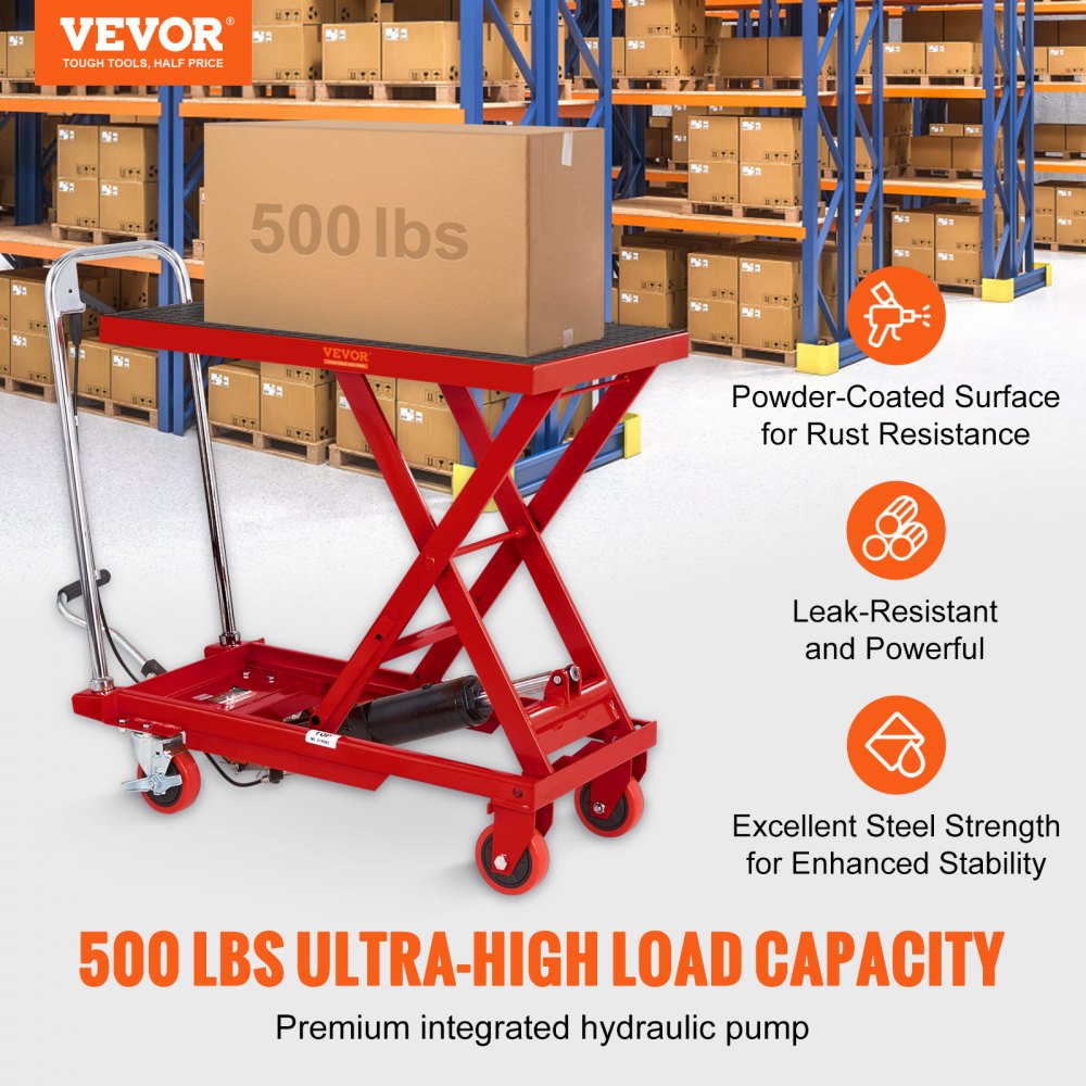 VEVOR Hydraulic Lift Table Cart, 500lbs Capacity 28.5" Lifting Height, Manual Single Scissor Lift Table with 4 Wheels