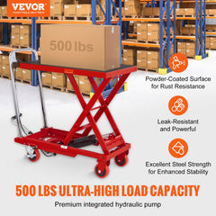 VEVOR Hydraulic Lift Table Cart, 500lbs Capacity 28.5" Lifting Height, Manual Single Scissor Lift Table with 4 Wheels