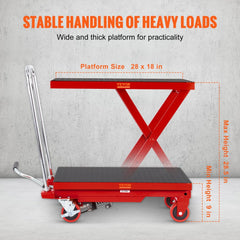 VEVOR Hydraulic Lift Table Cart, 500lbs Capacity 28.5" Lifting Height, Manual Single Scissor Lift Table with 4 Wheels