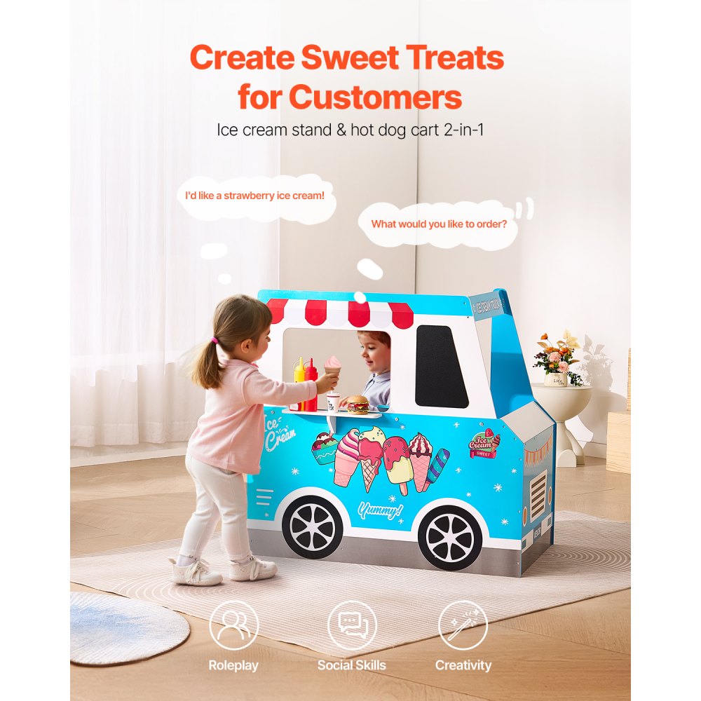 VEVOR Ice Cream Cart for Kids, 20+ PCS Ice Cream Truck Wooden Playset, Pretend Play Stand with Steering Wheel &