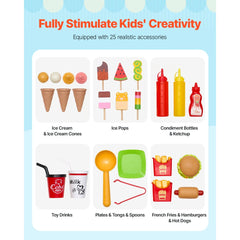 VEVOR Ice Cream Cart for Kids, 20+ PCS Ice Cream Truck Wooden Playset, Pretend Play Stand with Steering Wheel &