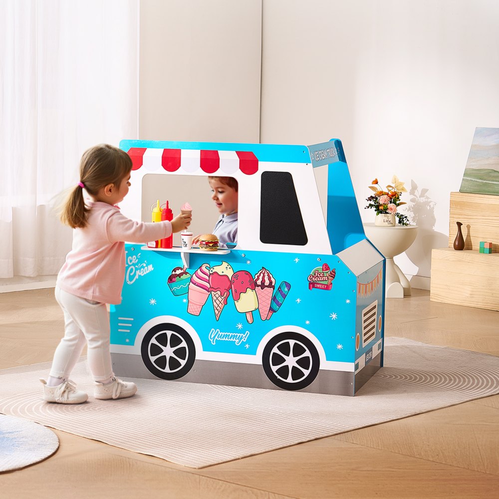 VEVOR Ice Cream Cart for Kids, 20+ PCS Ice Cream Truck Wooden Playset, Pretend Play Stand with Steering Wheel &