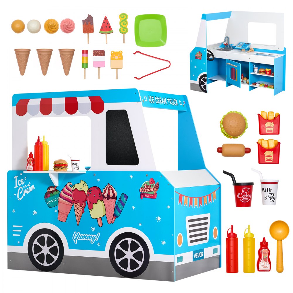 VEVOR Ice Cream Cart for Kids, 20+ PCS Ice Cream Truck Wooden Playset, Pretend Play Stand with Steering Wheel &