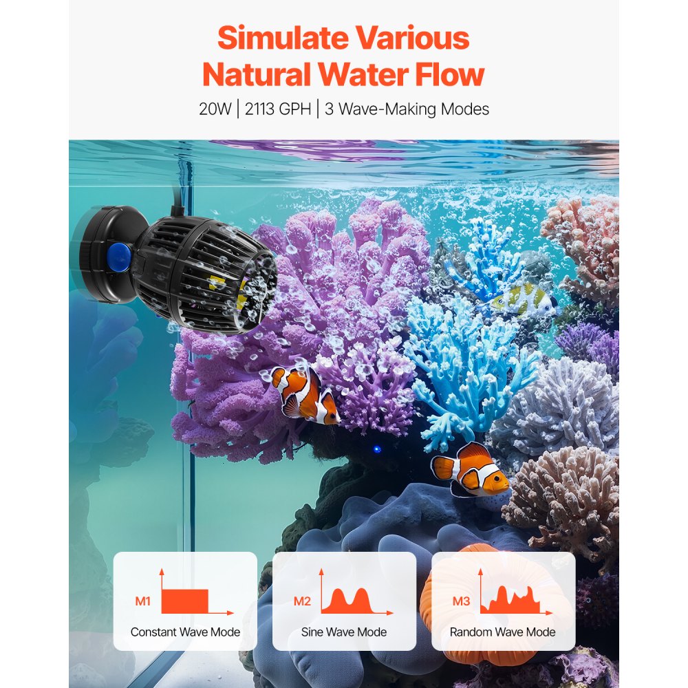 VEVOR Aquarium Wave Maker, 20W, 2113 GPH Quiet and Strong DC Powerhead, Adjustable Fish Tank Circulation Pump with