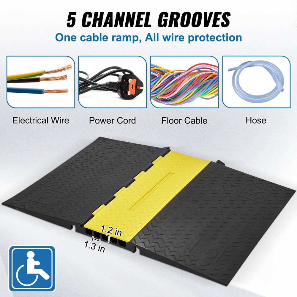VEVOR Rubber Cable Guard, 5-Channel, 22000 lbs per Axle Load Capacity, Durable Cord Protection Ramp with Hinged Lid for