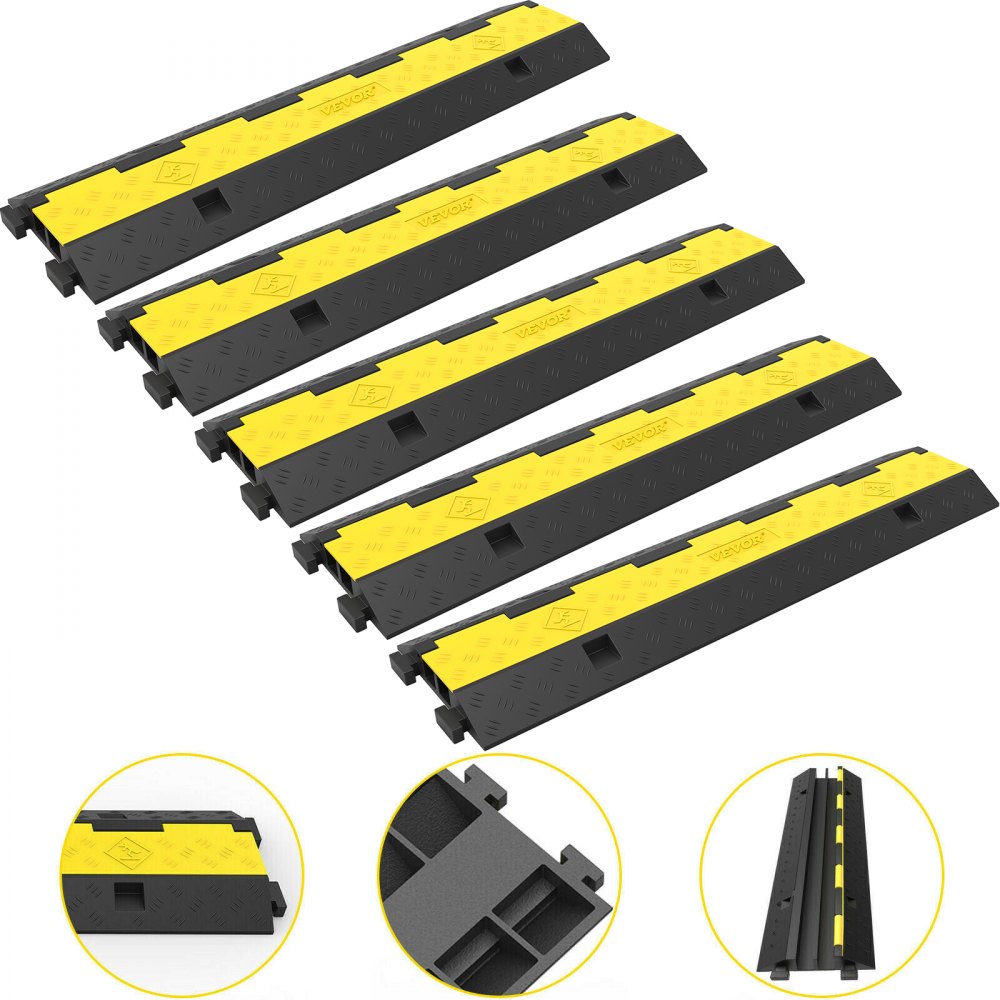 VEVOR Cable Protector Ramp, 5 Packs 2 Channels Speed Bump Hump, Rubber Modular Speed Bump Rated 11000 LBS Load